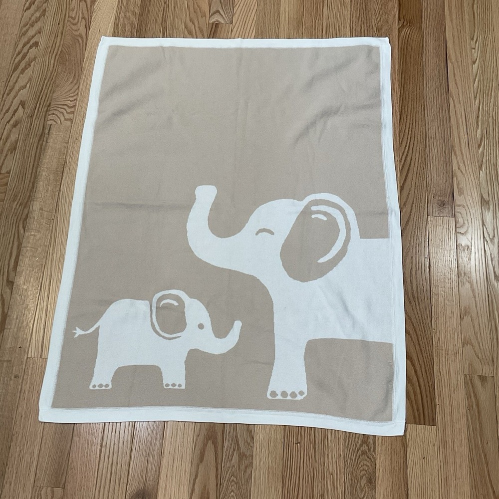Pottery Barn Kids Baby Blanket 28"x36" Elephants Neutral Color 100% Cotton Knit